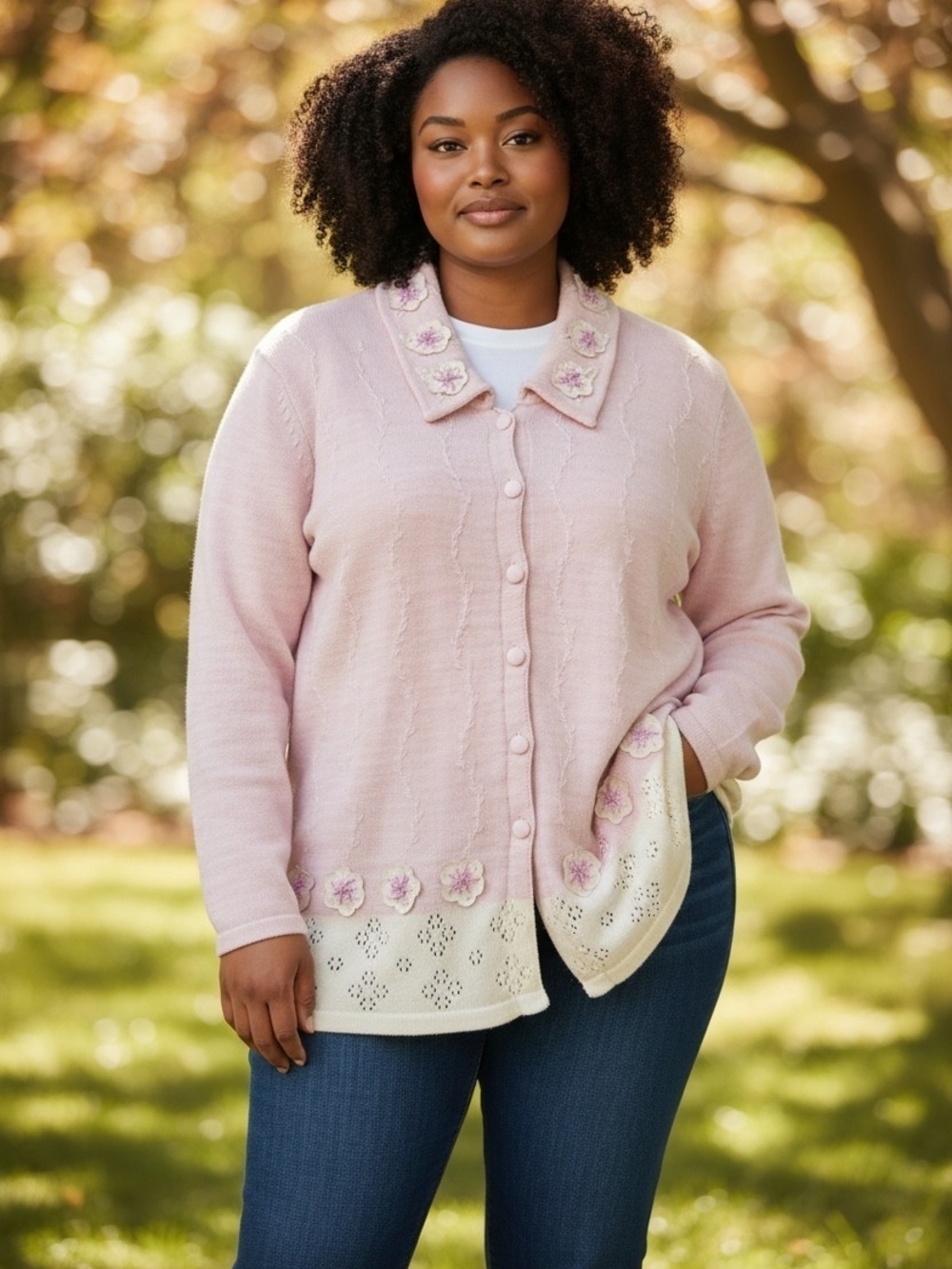 Stoeybrook Knits Pink Embroidered Collar Cardigan Sweater - Women Size 1X